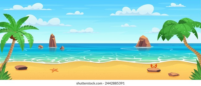 Cartoon summer beach. Paradise nature vacation, ocean or sea seashore. Sea beach landscape. Sea landscape with stones in water and clouds. panorama with palm trees. Vector illustration in flat style