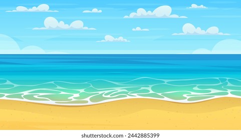 Cartoon summer beach. Paradise nature vacation, ocean or sea seashore. Sea beach landscape. Cartoon summer sunny day, ocean view horizontal panorama. Vector illustration in flat style