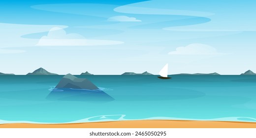 Cartoon summer beach. Paradise nature vacation, ocean or sea seashore. Tropical beach landscape with palm trees, golden sand and rocks in blue water.