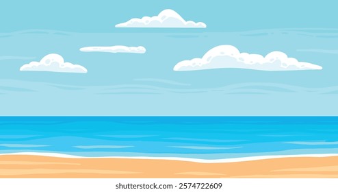 Cartoon summer beach. Paradise nature vacation, ocean or sea seashore. Seaside landscape, tropical beach relax or seaside landscape. Vector background illustration for your design