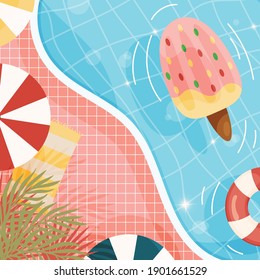 Cartoon summer beach pool background. with ice cream float, sea stars and palms. vector illustration