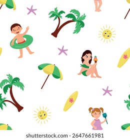 Cartoon Summer Beach Padrão Sem Costura. Crianças na praia, palmeiras, surfe, guarda-chuva
