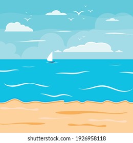 Cartoon summer beach, seaside natural vacation, tropical beach, seaside scenery background vector illustration