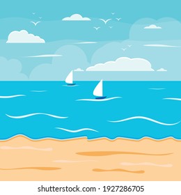 Cartoon summer beach, seaside natural vacation, tropical beach, seaside scenery background vector illustration