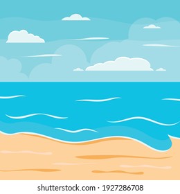 Cartoon Summer Beach, Seaside Natural Vacation, Tropical Beach, Seaside Scenery Background Vector Illustration