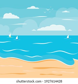 Cartoon summer beach, seaside natural vacation, tropical beach, seaside scenery background vector illustration