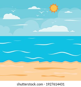 Cartoon summer beach, seaside natural vacation, tropical beach, seaside scenery background vector illustration