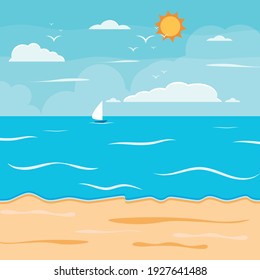 Cartoon summer beach, seaside natural vacation, tropical beach, seaside scenery background vector illustration