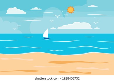 Cartoon Summer Beach, Seaside Natural Vacation, Tropical Beach, Seaside Scenery Background Vector Illustration