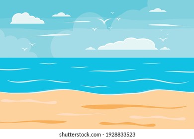 Cartoon Summer Beach, Seaside Natural Vacation, Tropical Beach, Seaside Scenery Background Vector Illustration