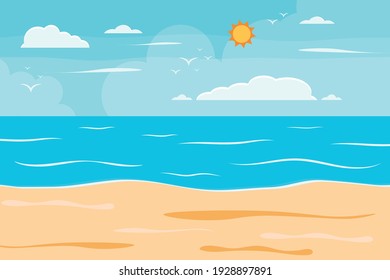 Cartoon Summer Beach, Seaside Natural Vacation, Tropical Beach, Seaside Scenery Background Vector Illustration