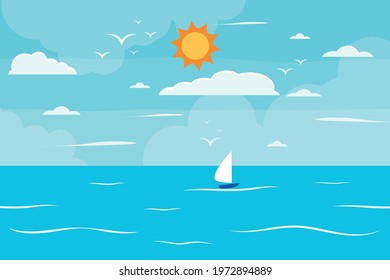 Cartoon summer beach, seaside natural vacation, tropical beach, seaside scenery background vector illustration