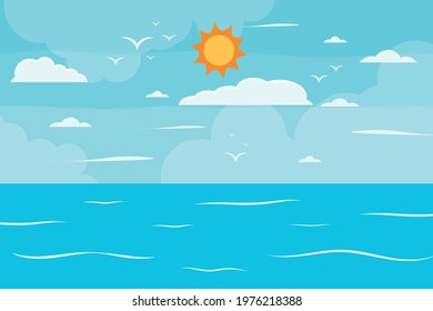 Cartoon summer beach, seaside natural vacation, tropical beach, seaside scenery background vector illustration