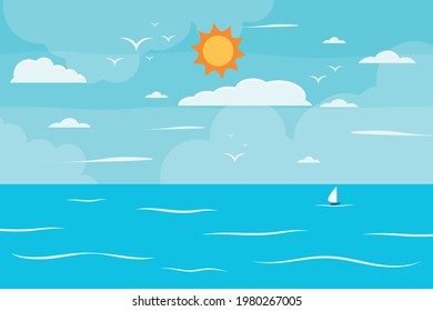 Cartoon summer beach, seaside natural vacation, tropical beach, seaside scenery background vector illustration