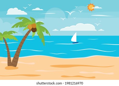 Cartoon summer beach, seaside natural vacation, tropical beach, seaside scenery background vector illustration