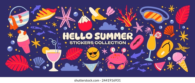 Cartoon Sommer Strand Aufkleber im Retro 90er Jahre Stil. Sommerparty, Urlaub, Strandsaison, Strand, Sonne, Badebekleidung. Helle groovige funky Sommer Elemente und Formen. Aufkleberpackung mit Pflastern, Etiketten, Stempeln, 