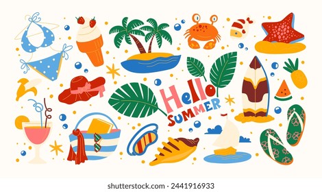 Cartoon summer beach stickers in retro 90s style. Summer party, vacation, beach season, shore, sun, swimwear. Bright groovy funky summer elements and shapes. Sticker pack of patches, labels, stamps, 