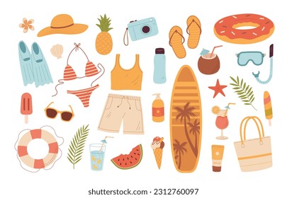 Ilustración vectorial de caricaturas de verano en la playa. Elementos en verano. Accesorio para vacaciones en el mar. Surfboard, máscara de buceo libre, zapatillas, helados, frutas, gafas de sol, cócteles, bañador, sombrero