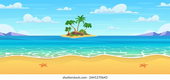 Cartoon summer beach. Tropical island in ocean with palm trees and rock. summer sea landscape. Tropical landscape. Vector illustration in flat style