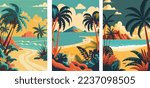 Cartoon summer beach vacation, Tropical Palm tree, ocean or sea seashore Paradise nature background vector illustration