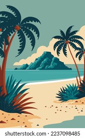 Cartoon summer beach vacation, Tropical Palm tree, ocean or sea seashore Paradise nature background vector illustration