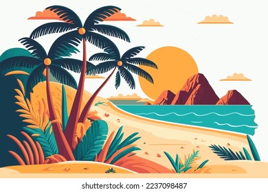 Viñetas de verano vacaciones en la playa, palmeras tropicales, océano o mar a orillas del mar Paraíso Naturaleza de fondo ilustración vectorial