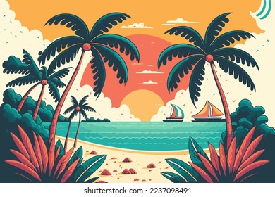 Viñetas de verano vacaciones en la playa, palmeras tropicales, océano o mar a orillas del mar Paraíso Naturaleza de fondo ilustración vectorial