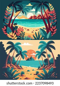 Cartoon summer beach vacation, Tropical Palm tree, ocean or sea seashore Paradise nature background vector illustration