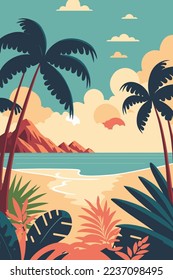 Viñetas de verano vacaciones en la playa, palmeras tropicales, océano o mar a orillas del mar Paraíso Naturaleza de fondo ilustración vectorial