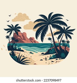 Viñetas de verano vacaciones en la playa, palmeras tropicales, océano o mar a orillas del mar Paraíso Naturaleza de fondo ilustración vectorial