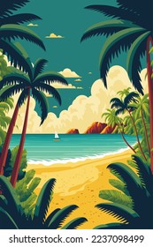 Cartoon summer beach vacation, Tropical Palm tree, ocean or sea seashore Paradise nature background vector illustration