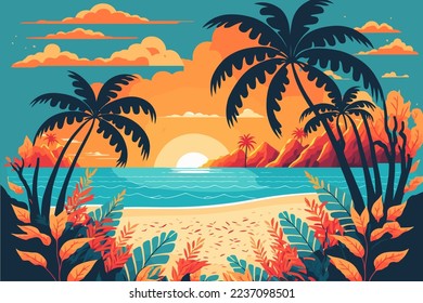 Viñetas de verano vacaciones en la playa, palmeras tropicales, océano o mar a orillas del mar Paraíso Naturaleza de fondo ilustración vectorial