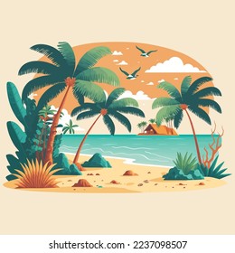 Viñetas de verano vacaciones en la playa, palmeras tropicales, océano o mar a orillas del mar Paraíso Naturaleza de fondo ilustración vectorial