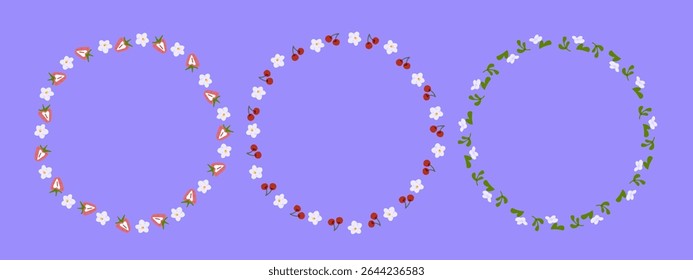 Cartoon Summer Berry Floral Wreaths. Set of three circular cartoon wreaths made of strawberries, cherries, white flowers and green leaves on violet background. Flat style, decorative summer theme.