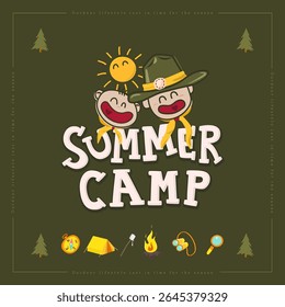 Cartoon summer camp header featuring kids with forest icons fire tent compass and magnifier on green background