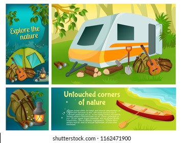 Cartoon summer camping colorful composition with camper trailer canoe guitar shovel axe backpack lantern tent binoculars vector illustration