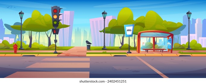 Cartoon summer city street landscape with sidewalk and traffic light near road with crosswalk and bus stop construction. Vector illustration of town scenery with pavement and pedestrian pathway.