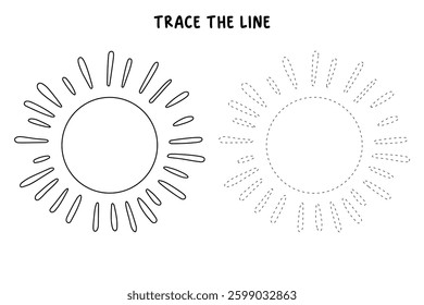 Cartoon summer clip art vector. Doodle summer sun coloring pages for kids. Trace and color sun. Happy sunny. Summer worksheets for kids activity printable.
