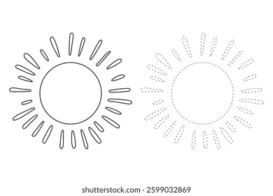 Cartoon summer clip art vector. Doodle summer sun coloring pages for kids. Trace and color sun. Happy sunny. Summer worksheets for kids activity printable.
