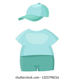Cartoon summer clothes. Cap with visor, T-shirt and shorts. Color vector illustration for coloring book, stencil, design, prints.