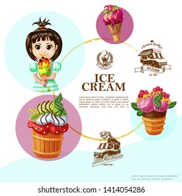 Cartoon summer cold desserts template with colorful tasty icecreams girl holding ice cream and monochrome street truck emblems vector illustration
