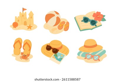 Cartoon summer collection with beach objects like umbrella, float, hat, slippers, sand and ball.