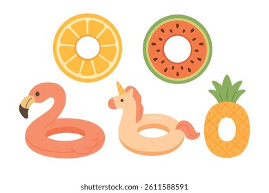 Cartoon summer collection of inflatable swim rings shaped like fruits and animals in flat style.