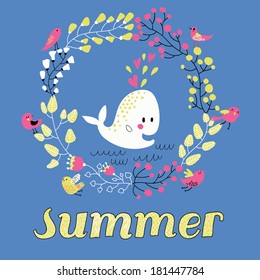 Cartoon summer concept card in vector. Cute whale in flowers, hearts and birds