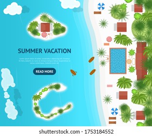 Cartoon Summer Cruise Vacation Concept Card Poster for Luxury Travel and Tourism Concept Flat Design. Vector illustration
