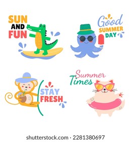 Cartoon summer cute kawaii animals. Crocodile, cat, octopus, monkey