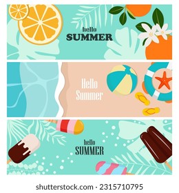 Cartoon summer elements, item or sign travel, beach, card, and summertime accessory. Cocktails, ice cream, and exotic fruits vector illustration set. Palm and surfing board. Umbrella and sunglasses