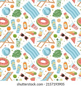 Cartoon summer elements seamless pattern: sling chair, umbrella, towel, drinks, and food. Great for wallpaper, and print. Isolated on white background.