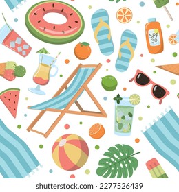 Cartoon summer elements seamless pattern with sling chair, beach towel, drinks, and food. Great for wallpaper, and print. Isolated on white background.