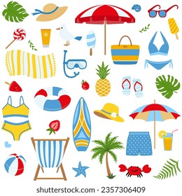 Cartoon summer elements, travel, beach, summertime accessory. Cocktails, ice cream, summer clothes and exotic fruits and plants. Palm and serfing board. Umbrella and sunglasses.